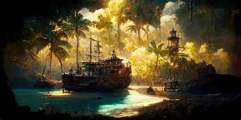 Premium Photo | Tropical Island with treasure chest and broken pirate ...