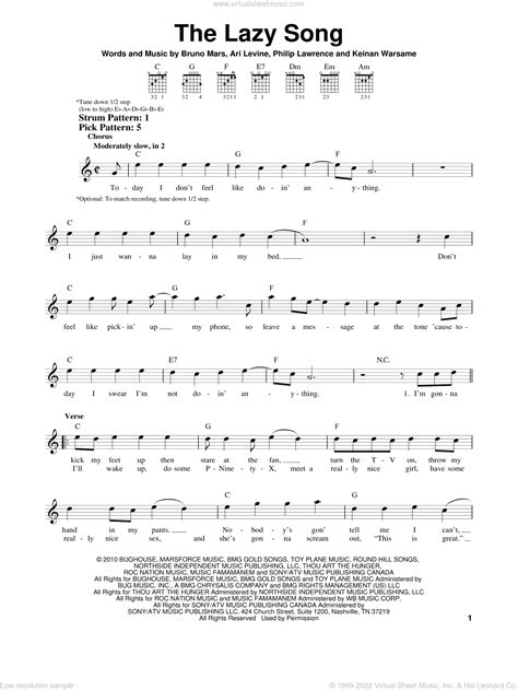 Bruno Mars The Lazy Song Guitar Tab In C Major Download Print SKU: MN0095009 ...