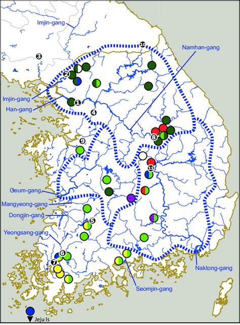 Map of South Korea showing major rivers and boundaries of their ...