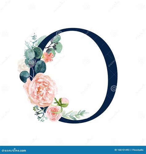 Floral Alphabet - Navy Color Letter O with Flowers Bouquet Composition Stock Illustration ...