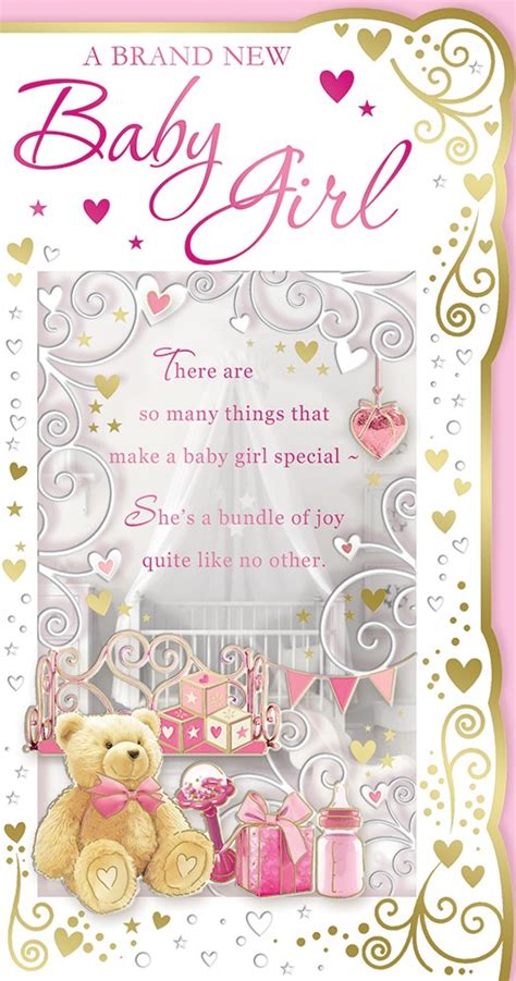 Birth Of Baby Girl Greetings Card -A Teddy & Baby Gifts With Gold Foil 9"x4.75"