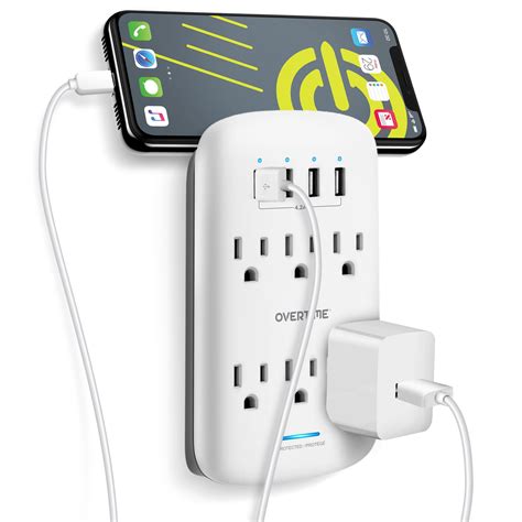 Overtime Outlet Extender – 10 Port Wall Charger Surge Protector - 6 AC Outlets with 4 USB Ports ...