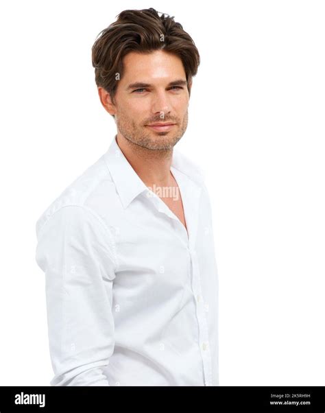 Smouldering look. Studio portrait of a handsome man isolated on white ...