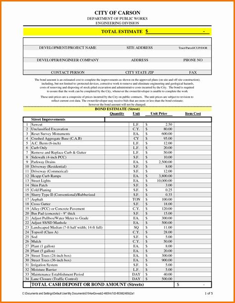 Excel Construction Estimate Template Download Free Example of Spreadshee excel construction ...