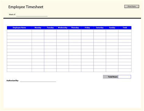 printable time sheets | Free printable employee timesheets Employee Timesheet Print Form Week ...