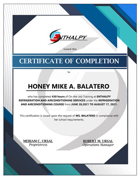 OJT Certification (2nd batch) - CERTIFICATE OF COMPLETION who has completed 450 hours of On-the ...