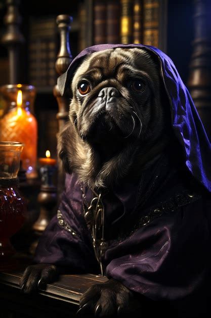 Premium AI Image | Pug dog dressed in purple costume sitting on table ...