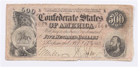 $500 Five Hundred Dollar Confederate States of America Bank Note ...