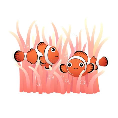 A Couple of Cute Cartoon Clownfish and Sea Anemones on White Background ...