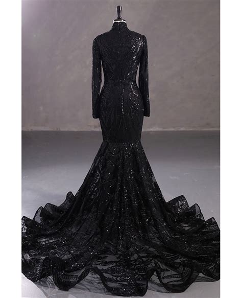 Gothic Black High Neck Long Sleeves Formal Dress All Sequins #C5411C ...