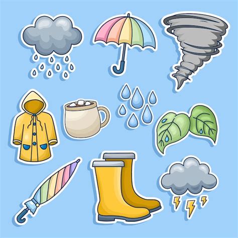 Premium Vector | Set of rain rainy season cute sticker illustration