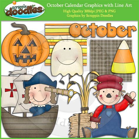 October Calendar Clip Art with Line Art Download | Etsy