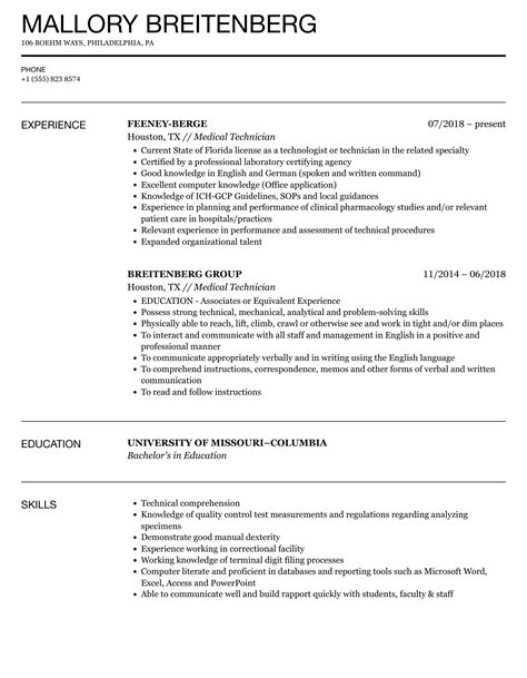 Medical Technician Resume Samples | Velvet Jobs