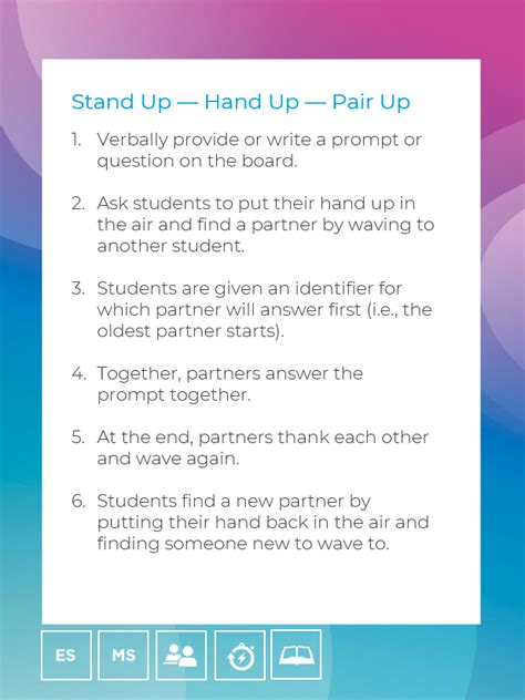 Stand Up -- Hand Up -- Pair Up activity card for #teachers on how to effectively engage # ...