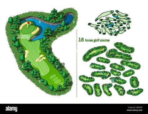 Golf course map 18 holes. Resort layout with flags trees plants water hazards. Vector map ...