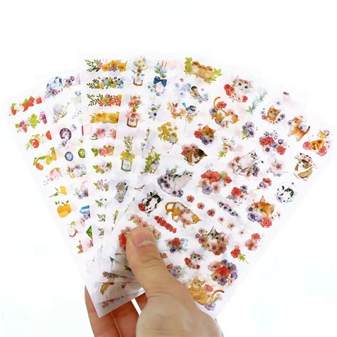 Discount!! 6 Pcs/set Cute Cats Flowers Cartoon Animals Sticker Pvc ...