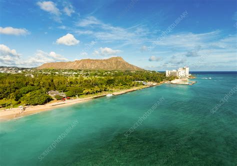 Aerial view of Waikiki Beach, Honolulu, Oahu, Hawaii, USA - Stock Image ...