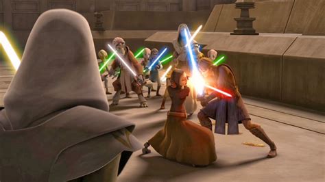 Anakin vs Barriss. Totally epic. The younglings are watching... And so is the Temple Guard ...