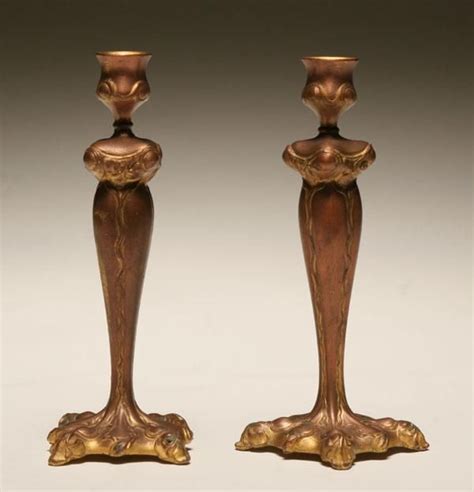 Pair Art Nouveau Patinated Bronze Candlesticks