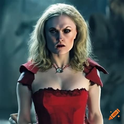 Cosplay of anna paquin as red riding hood with werewolf fangs on Craiyon