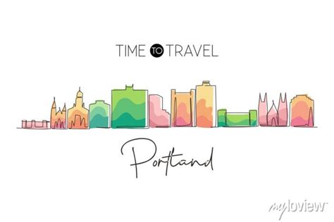 Continuous one line drawing portland city skyline, maine. historical wall mural • murals ...