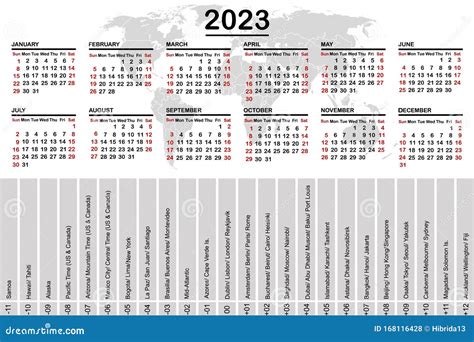 2023 Calendar with World Map and Time Zones Stock Vector - Illustration ...