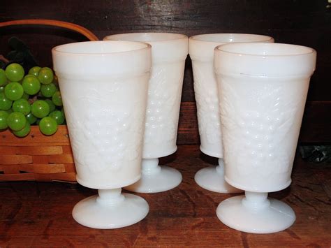 4 White Milk Glass Footed Tumblers, Harvest Grape Pattern, Indiana Colony Glass, Grapes and ...