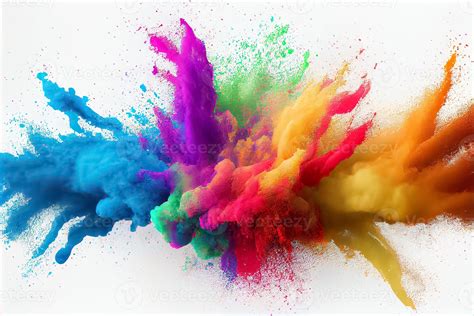 colorful rainbow holi paint color powder explosion isolated white wide ...