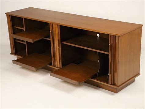 Large Mid-Century Modern Walnut Stereo Record Cabinet w/Tambour Doors | LookModern