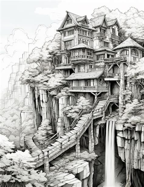 Premium AI Image | a drawing of a house on a cliff with a waterfall ...