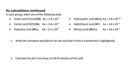 Solved Ka calculations continued In your group, select one | Chegg.com