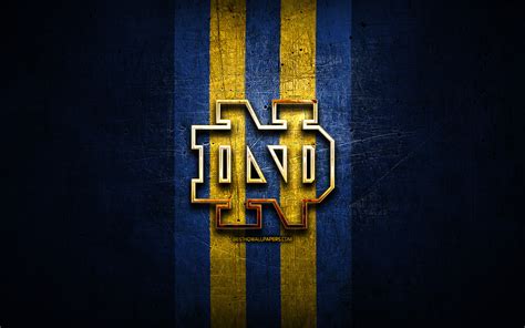 Download wallpapers Notre Dame Fighting Irish, golden logo, NCAA, blue metal background ...