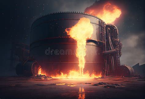 Oil Storage Fire. the Tank Farm is Burning, Black Smoke is the Combustion of Hydrocarbons Stock ...