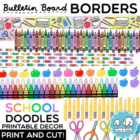 School Doodles Bulletin Board Borders - Rainbow Crayon Printable Classroom Decor - Classful