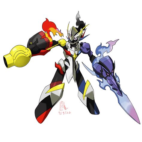 omegamon, ceruledge, and armarouge (pokemon and 1 more) drawn by pravin_rao_santheran | Danbooru