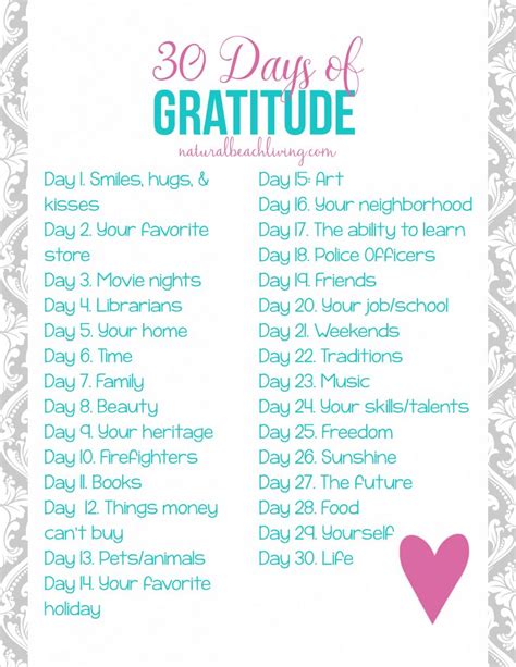 30 Days Daily Gratitude List Printable - Natural Beach Living