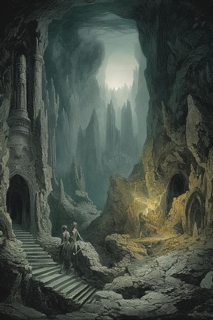 Premium AI Image | A painting of a cave with a light at the top