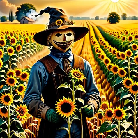 Premium AI Image | a scarecrow holding a sunflower standing in a field ...