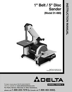 Delta 31-080 1" Belt 6" Disc Sander Instructions Manual 69554310805 | eBay