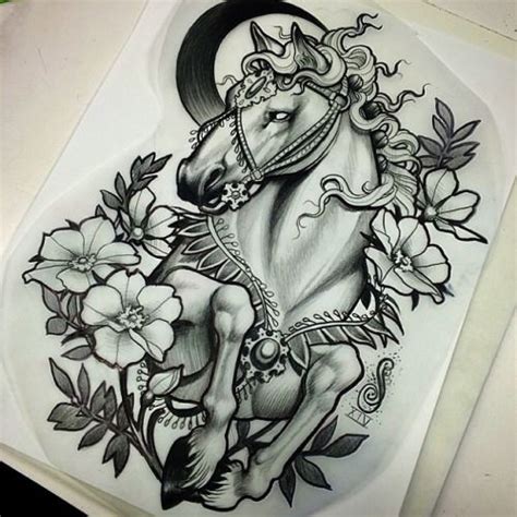 Traditional black-and-white horse surrounded with flowers tattoo design ...