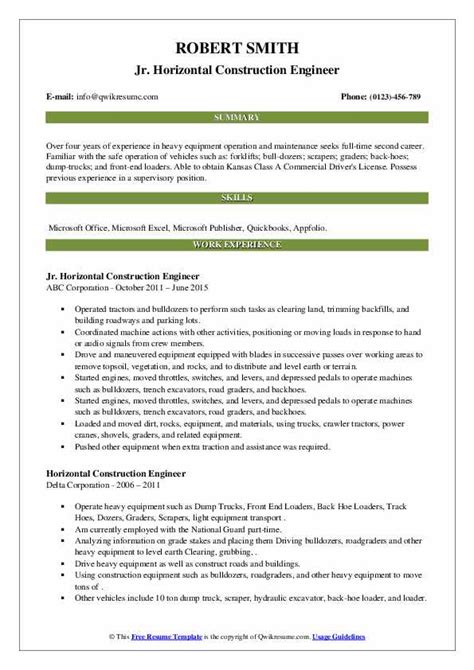 Horizontal Construction Engineer Resume Samples | QwikResume