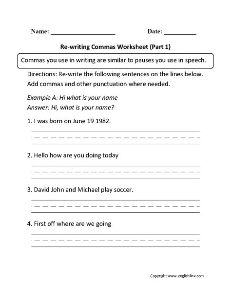 Commas Worksheets | Re-Writing Commas Worksheets Part 1