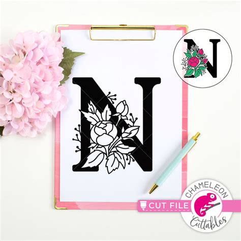 N Floral Monogram Letter with Flowers svg png dxf eps jpeg Chameleon Cuttables LLC | Chameleon ...