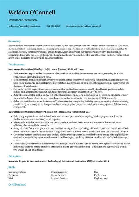 Instrument Technician Resume (CV) Example and Writing Guide