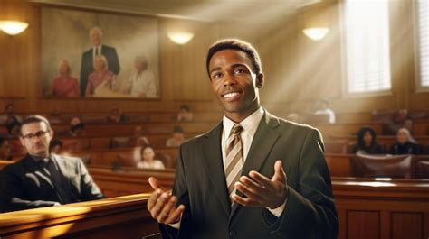 Lawyer black man in court room presents side interests in dispute ...