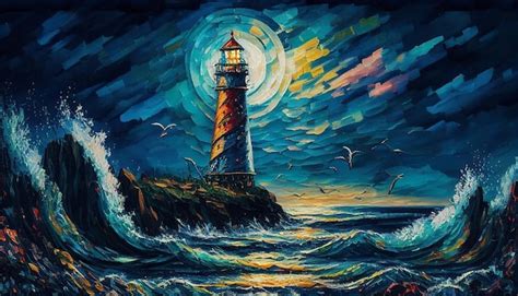 Premium AI Image | A painting of a lighthouse by the sea.