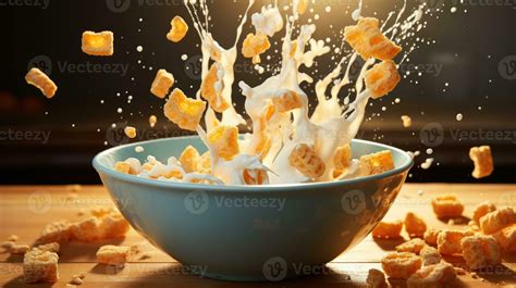 A bowl of milk with cereal falling into it AI Generated 26512679 Stock ...