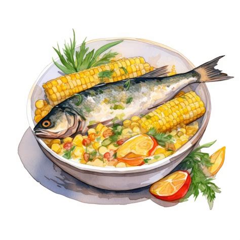 Premium Photo | Zambian Nshima Maize Porridge with Fish on White Background Watercolor ...