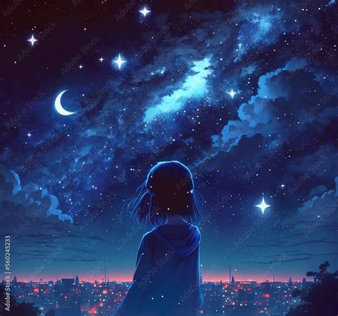 alone anime girl watching the night stars Illustration Stock | Adobe Stock