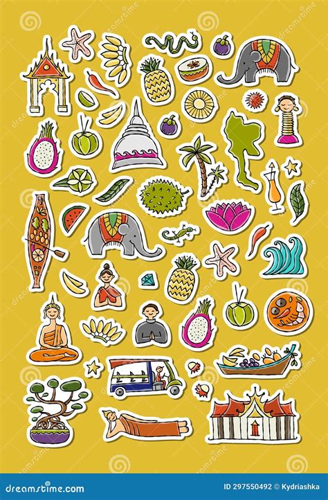 Travel To Thailand. Sticker Pack with Siam Elements, Map, People and Landmarks, Thai Food Etc ...